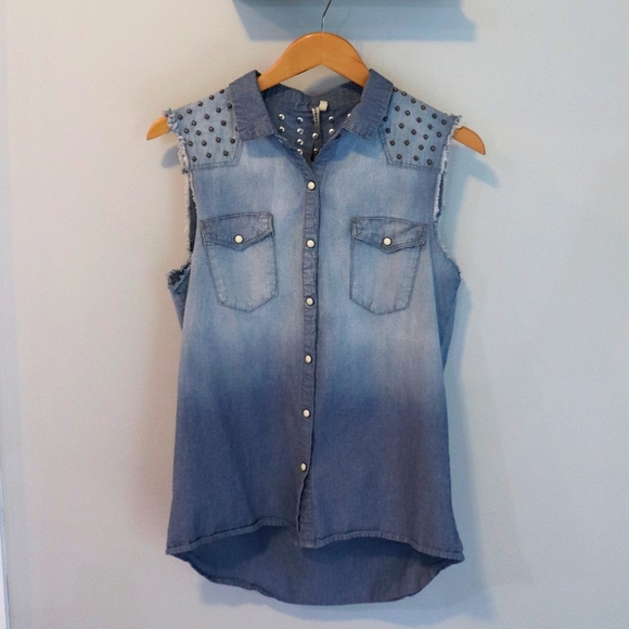 Denim Studded Short Sleeve Cutoff Tank - Picture 1 of 4